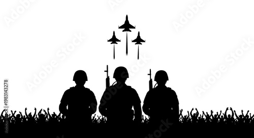 Military Parade: Soldiers and Fighter Jets Silhouette with Cheering Crowd