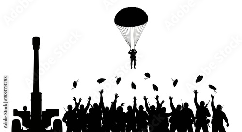 Military Paratrooper Landing with Artillery and Soldiers Celebrating