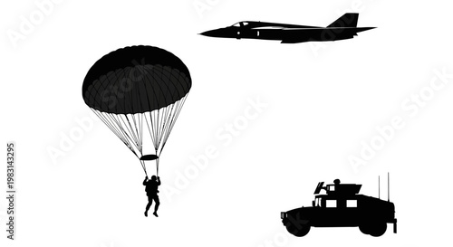 Military Paratrooper Descending by Parachute Near Jet and Humvee