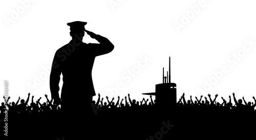 Military Salute: Officer and Submarine with Cheering Crowd Silhouette