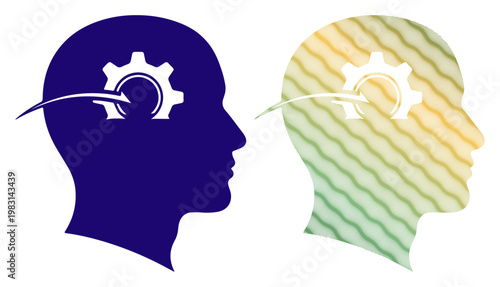 Two stylized heads with gears inside, symbolizing connection and shared ideas.