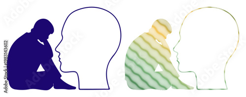 Sad figure contemplating a blank silhouette, representing isolation and introspection.