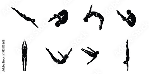 Professional diving silhouettes set, 8 athlete vector icons in various mid-air poses, competitive springboard and platform diving figures for sports design
