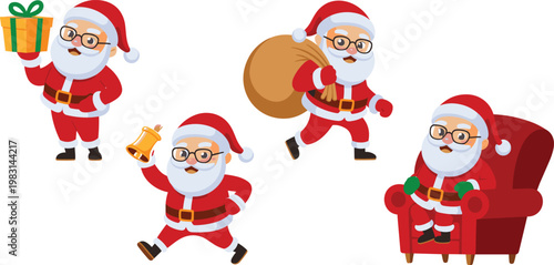 Cute Santa Claus character set holding gift box ringing bell carrying toy sack and sitting in armchair for Christmas holiday celebration vector illustration isolated on white.