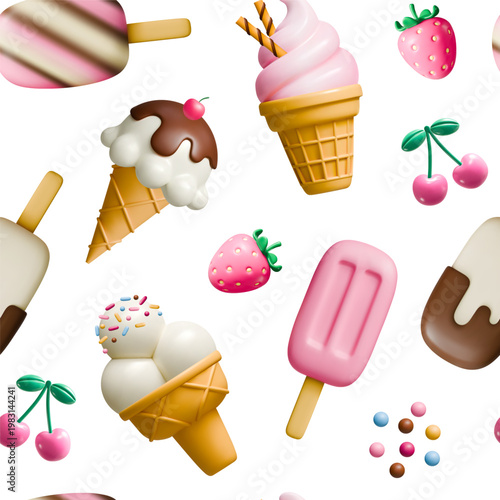 3d ice cream cone and stick vector seamless pattern background texture