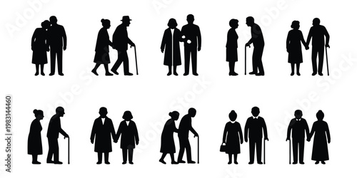 Elderly couple silhouettes set, senior people walking with canes and holding hands, 10 vector icons of retired men and women in various poses