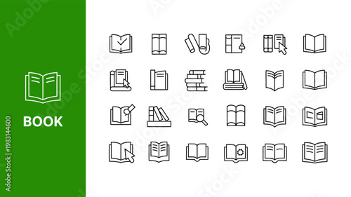 Set of book line icons for library education and knowledge concepts with minimalist design