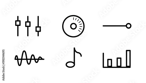 Set of minimalist music and audio editing line icons isolated on white background