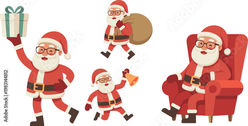 Cute Santa Claus character set holding gift box ringing bell carrying toy sack and sitting in armchair for Christmas holiday celebration vector illustration isolated on white