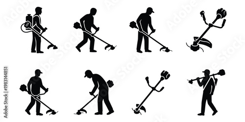 Lawn trimmer silhouette set, professional gardener using string trimmer vector icons, landscaping service worker with grass cutter equipment