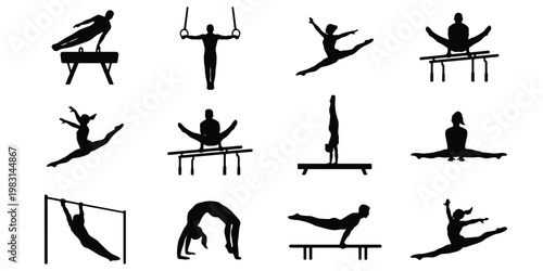 Gymnastics silhouettes set of 12 vector icons, professional gymnasts performing on apparatus, athletic figures in dynamic poses for sports competition