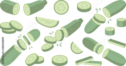 Zucchini Vegetable Pattern with Whole and Sliced Green Pieces in Seamless Arrangement for Healthy Food Backgrounds, Textile Prints, Packaging, and Decorative Design Use