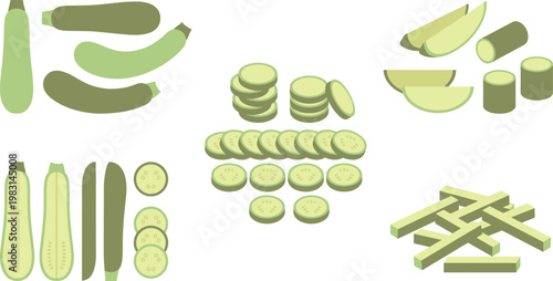 Zucchini Vegetable Vector Set with Whole, Sliced, Stacked and Cut Pieces in Flat Style for Healthy Food Illustration, Cooking Design, Packaging, and Market Graphics