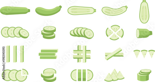 Zucchini Vegetable Vector Set with Whole, Sliced, Sticks, Cubes and Decorative Cuts in Flat Style for Healthy Food Illustration, Cooking Design, and Packaging Elements