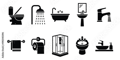 Bathroom plumbing icons set, black silhouette sanitary equipment collection, 10 vector elements for interior design and home renovation planning