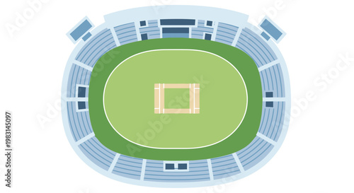 Aerial view of a baseball stadium with green field and blue seating