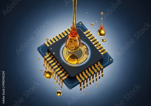 Liquid cooling drips onto a microchip, symbolizing advanced technology and innovation.