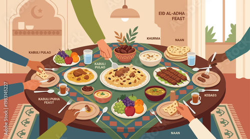 An inviting flat design illustration of a table generously laden with traditional dishes and fruits for an Eid al-Adha family feast. 