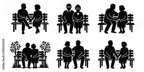 Elderly couple silhouettes sitting on park bench, senior people icons set, retired man and woman resting outdoors, black vector illustrations