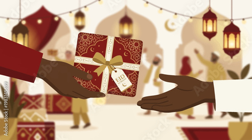 An elegant flat design illustration depicting the cherished tradition of exchanging gifts during Eid al-Adha. This vector image symbolizes generosity, love, and festive goodwill among loved ones.