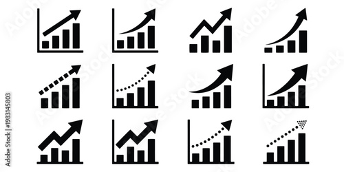 Business growth graph icons set, financial bar chart with rising arrow, 12 vector elements for data analysis and success tracking