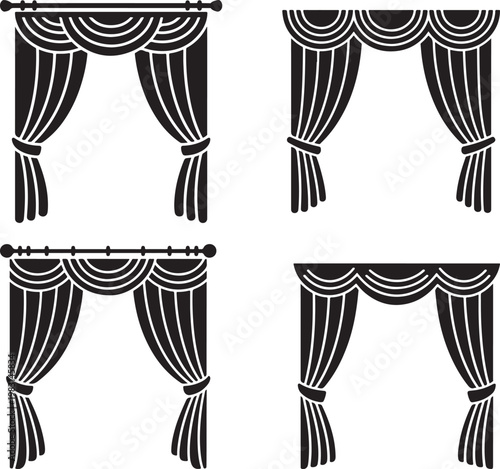Black Curtains with Tassels on Rod Isolated on White