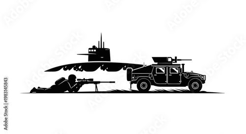 Military Sniper, Submarine, and Humvee Silhouette: Covert Operation Scene