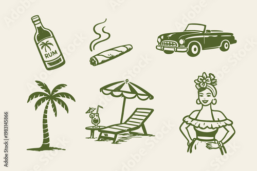 Cuba vacation doodle vector illustration with rum bottle, cigar, classic car, beach chair and tropical girl
