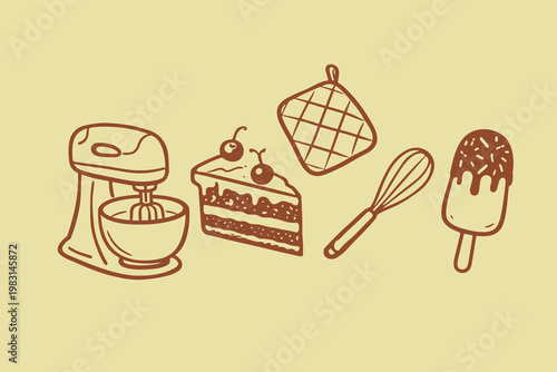 Baking doodle vector illustration with stand mixer, cake slice, whisk, potholder and ice cream bar
