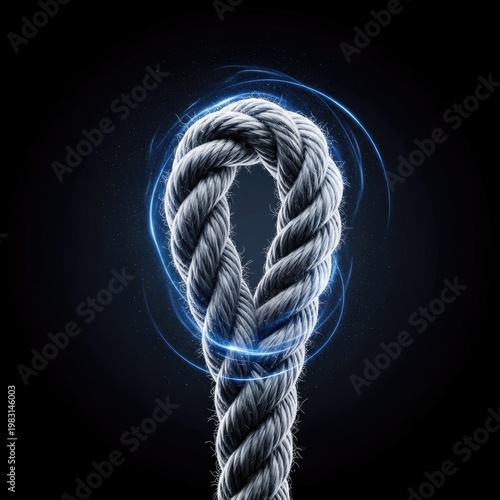 Thick braided rope forms a loop with glowing blue energy swirling around it against a dark background.