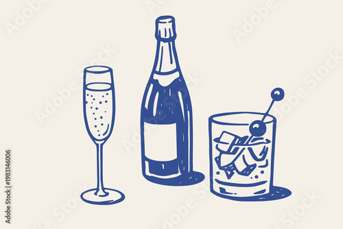 Champagne and cocktail doodle vector illustration with sparkling wine bottle, flute and cherry drink