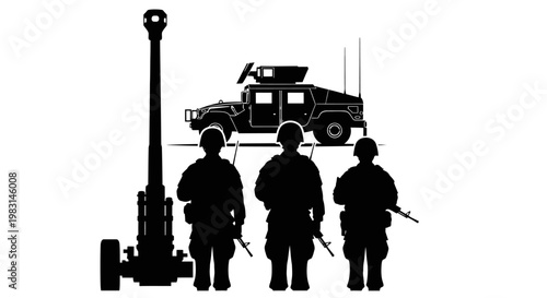 Military Soldiers and Humvee with Artillery Gun Silhouette
