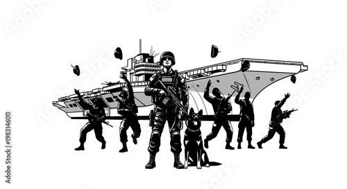 Military Special Forces Soldier with Dog and Aircraft Carrier