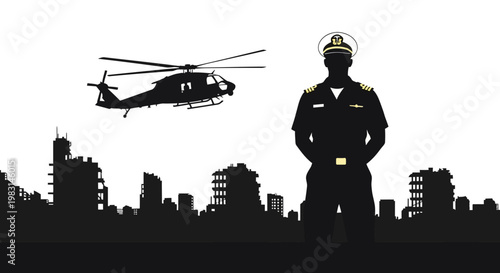 Silhouette of Naval Officer and Helicopter over City Skyline at Dusk