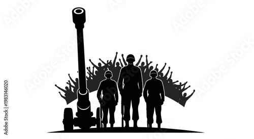 Military Soldiers and Artillery Gun Silhouette with Cheering Crowd Background