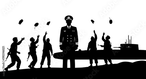 Military Submarine Crew Celebrates Victory with Captain, Throwing Hats in Air