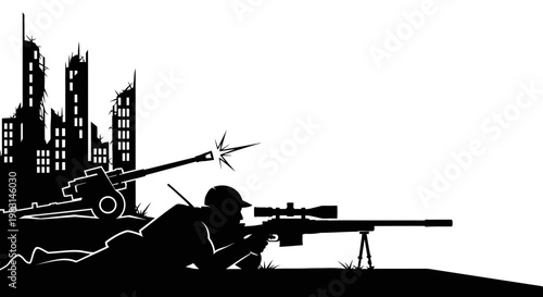 Silhouette of Sniper in Ruined Cityscape with Artillery Gun Firing