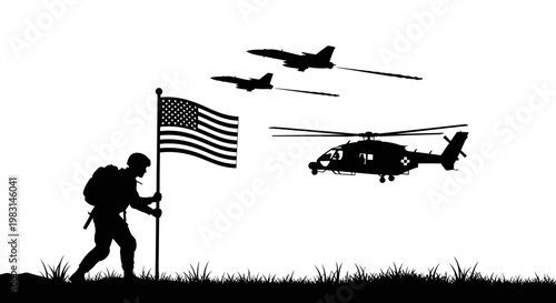 Silhouette of Soldier Planting American Flag with Military Aircraft Flying Overhead
