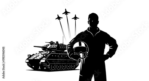 Silhouette of pilot with fighter jets and tank, symbol of military aviation and ground forces