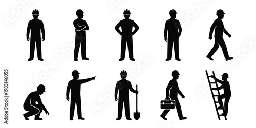 Construction worker silhouettes set, industrial labor icons in various poses, 10 builder vector elements for site safety and engineering projects