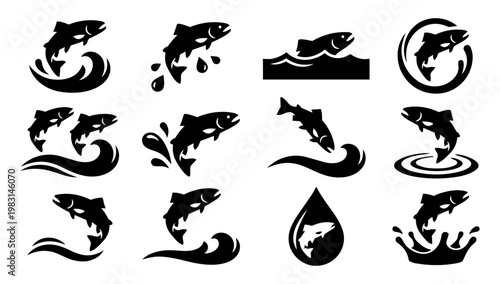 Trout Splash Silhouettes Set, Jumping Fish with Water Wave and Ripple Icons