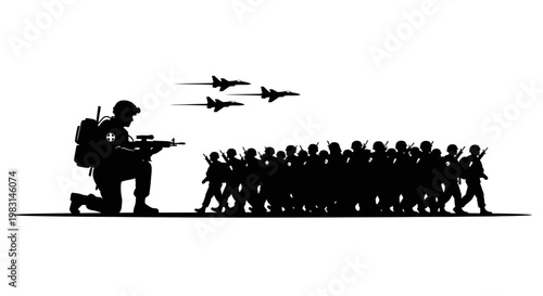 Silhouette of Soldier with Rifle Leading Army Troops and Fighter Jets Flying Overhead