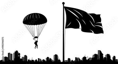 Parachutist Descends Over City Skyline with Waving Flag Silhouette