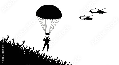 Parachutist Descends Over Excited Crowd, Helicopters Fly By