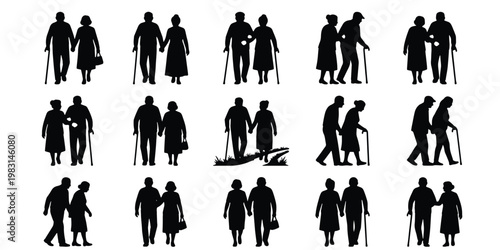 Elderly couple silhouettes walking with canes, senior citizens set of 15 vector icons, retired people holding hands and strolling together