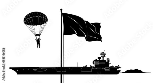 Parachutist Descends Near Aircraft Carrier and Waving Flag