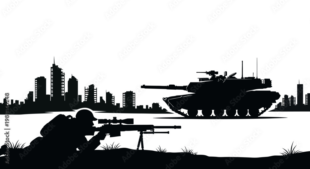 Obraz premium Sniper soldier aiming at tank in destroyed city silhouette, war concept