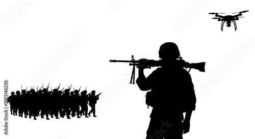 Silhouette soldiers with drone and rifle, military concept, war technology, future combat
