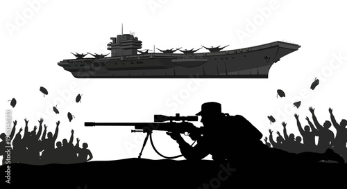Sniper Aiming at Crowd with Aircraft Carrier Overhead, War Concept