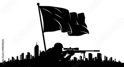 Sniper Silhouette with Flag and Cityscape at Dawn